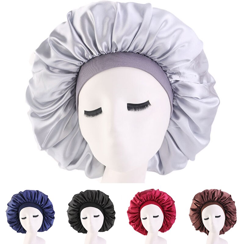 Fshion Women Satin Night Sleep Cap Hair Bonnet Hat Silk Head Cover Wide Elastic Band