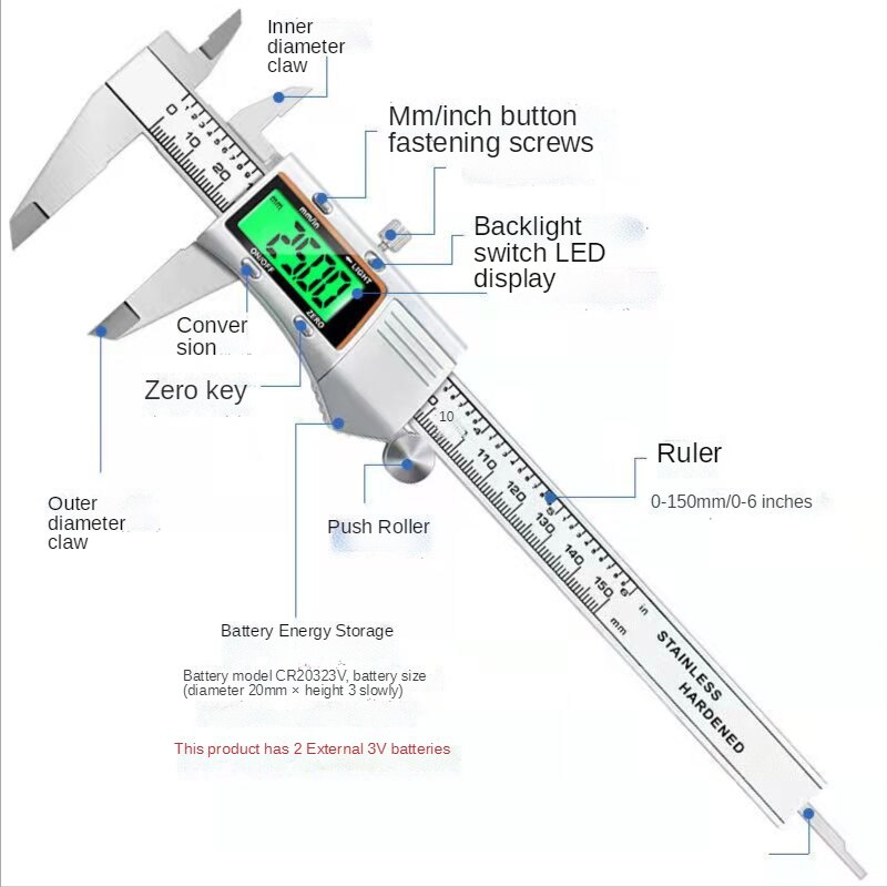 Backlit Screen 0-150mm Digital Vernier Measuring Tool Electronic Vernier Caliper Stainless Steel Metal Shell Digital Caliper