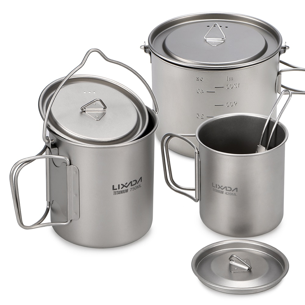 Lixada 1600ml titanium pot ultralette bærbar hængende gryde med låg og foldbart håndtag udendørs camping vandreture backpacking