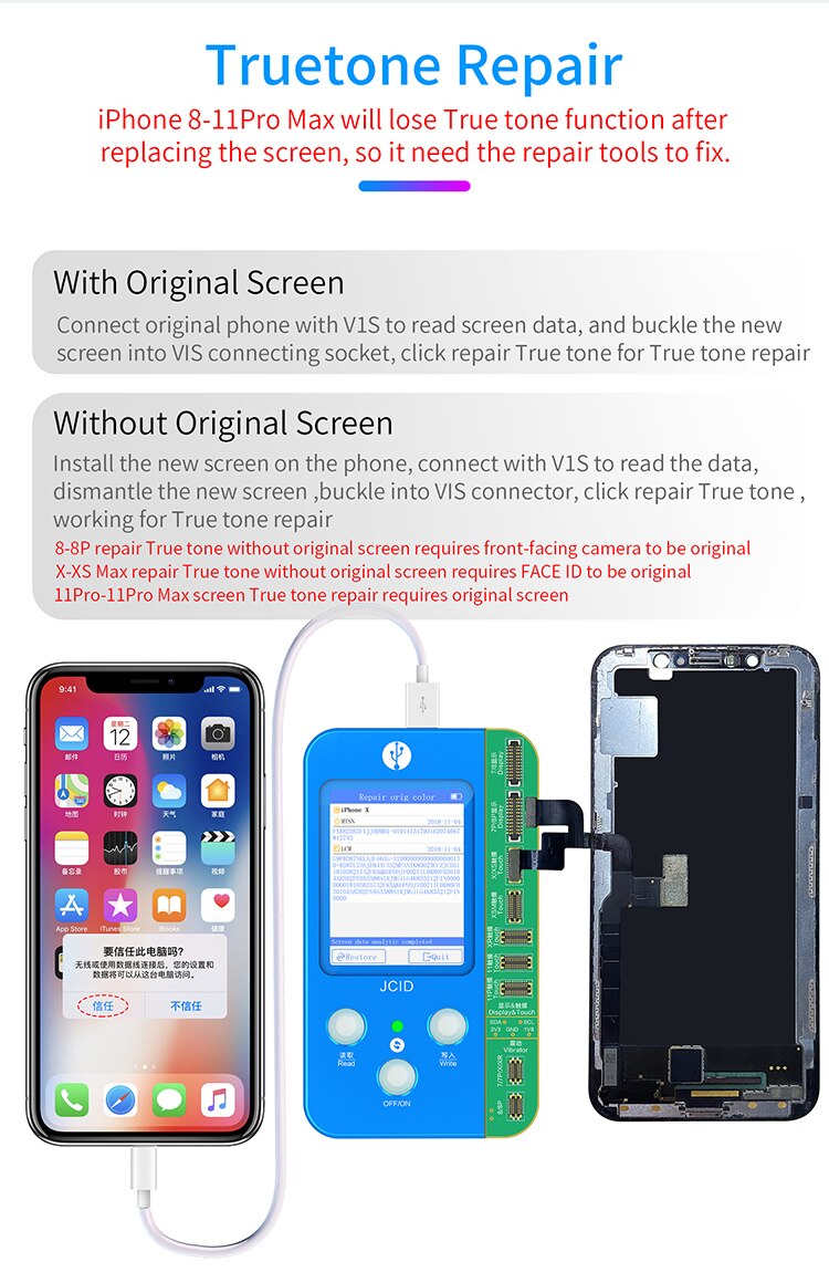 Novo JC-V1S lcd oled incell tela de toque verdadeiro tom reparação chip programador para iphone 8plus x xr xs max 11 11pro 11pro max