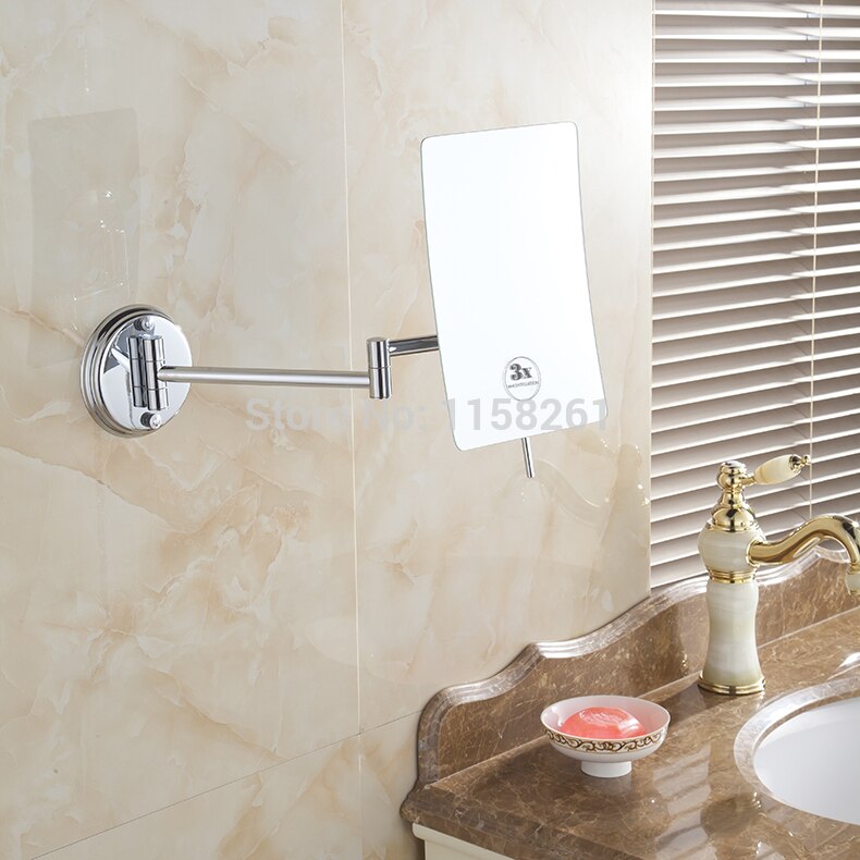 Espejos de baño con aumento de 3 aumentos, espejo de maquillaje de pared para baño, espejos cosméticos plegables cuadrados de 1 cara para mujer con brazo 6208