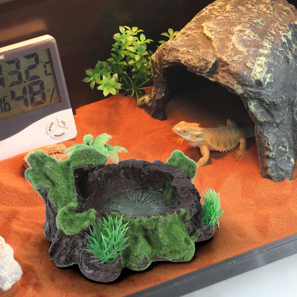 Planta de simulación de resina ZR-012, pecera reptil lagarto, cuenco de alimentación, alimentador de agua para comida de tortuga, adecuado para reptiles pequeños