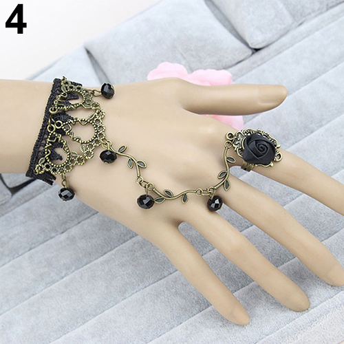 Retro Gothic Lace Flower Hand Slave Harness Bracelet Chain Jewelry Bracelets for womenTassel Bracelet Jewelry: Black