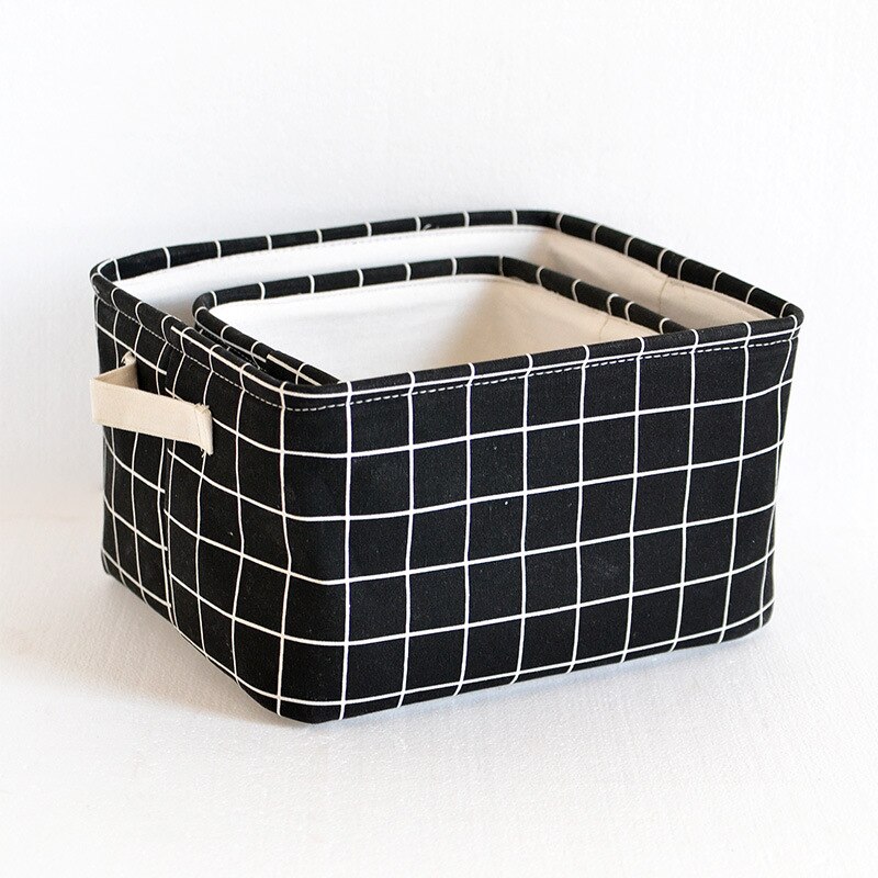 Fabric Storage Basket Clothes Checkered fabric Folding Storage Box Nursery Underwear Toy Organizer Laundry Basket With Handle: Black plaid / 22x21x15cm