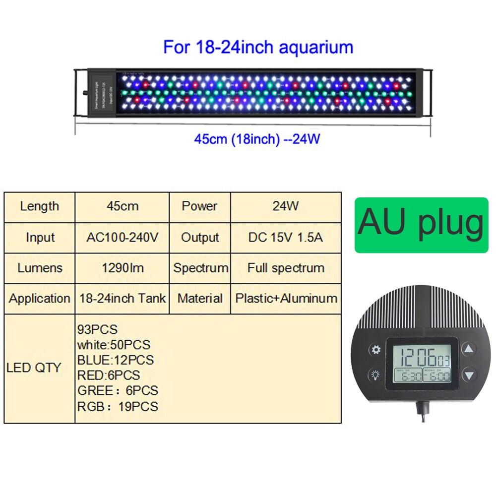 12-18-24inch Full Spectrum Aquarium LED Light Waterproof Programmable Dimmer Auto ON/OFF Timer Freshwater Lamp For Aquatic Plant: 18-24inch AU