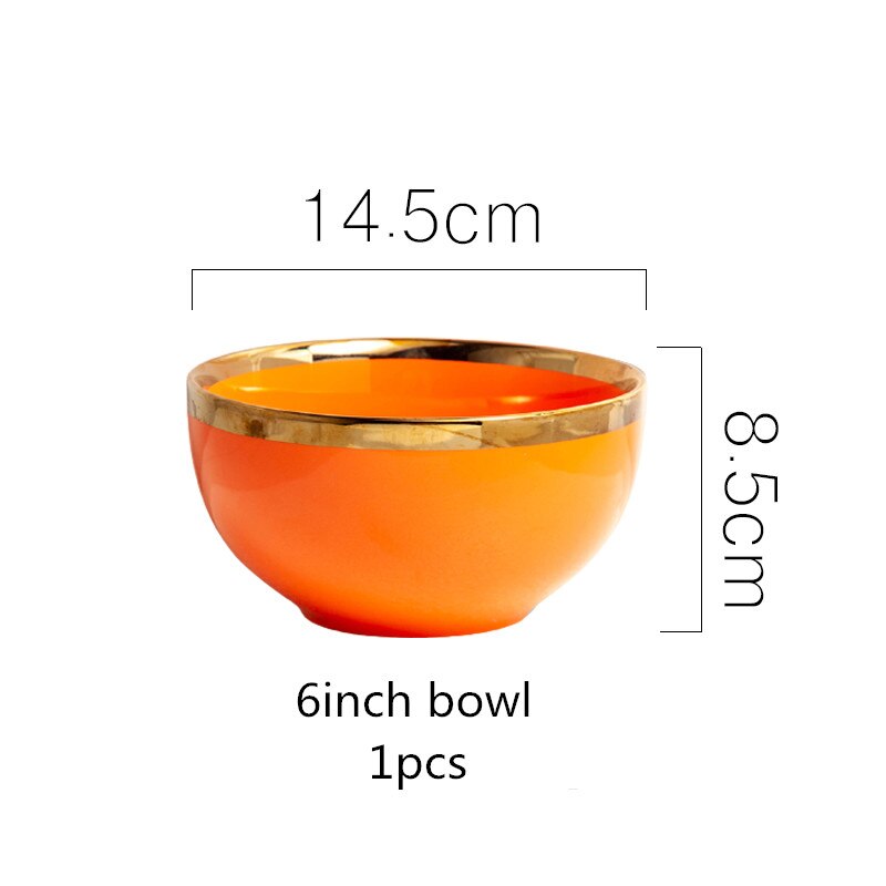High Grade Bright Orange With Gold Lnlay Plates Steak Food Tray Ceramic Dinner Dish Salad Bowl Mug Porcelain Dinnerware: 6inch bowl 1PCS