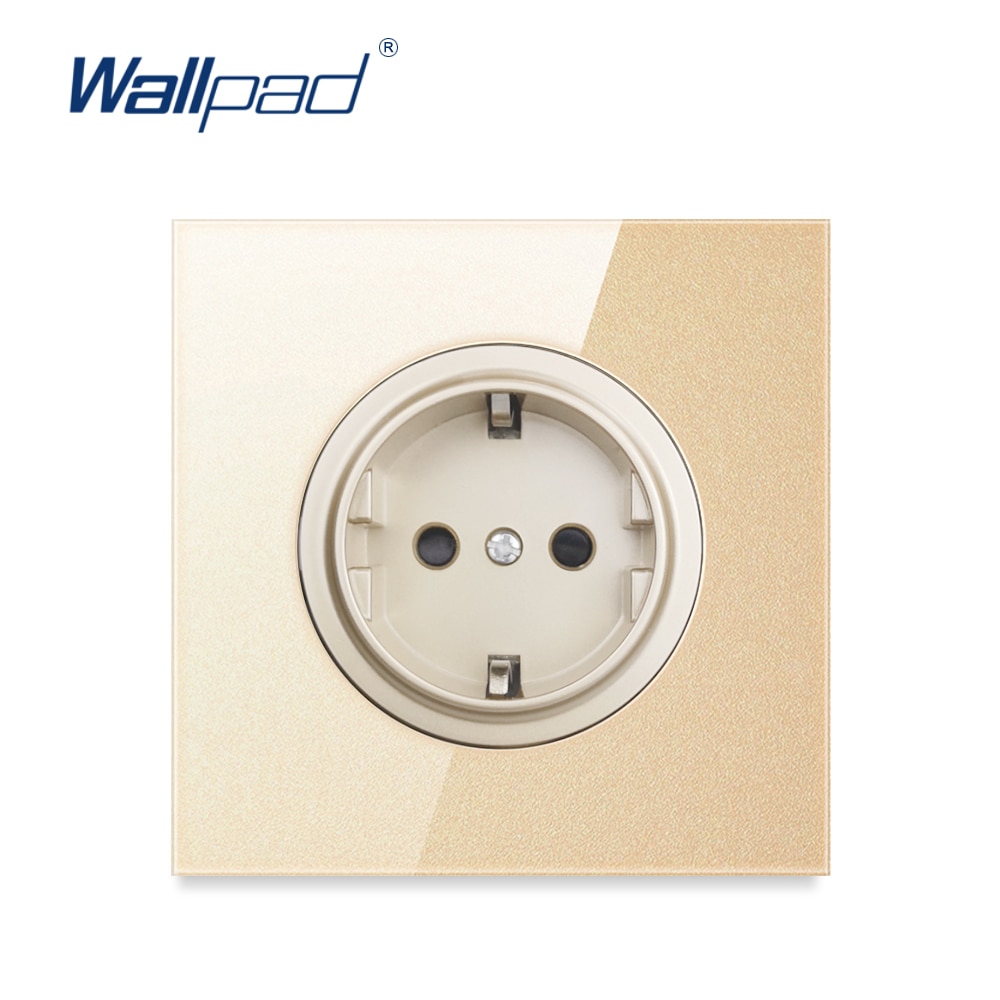 Wallpad 16A EU Standard Wall Power Socket Outlet Gold Crystal Glass Panel Grounded With Child Protective Lock