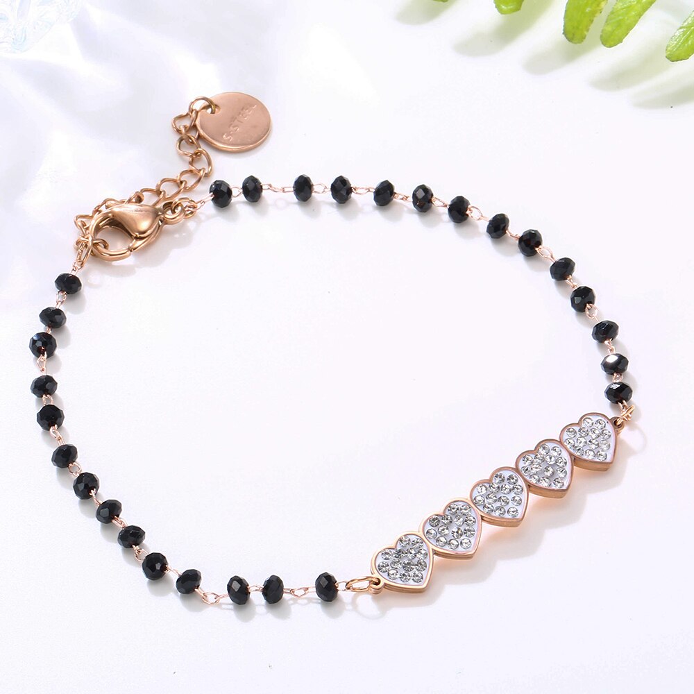 Roestvrij Staal Zwarte Kristal Kralen Armband Voor Vrouwen Rose Gold Hearts Charms Armband Valentines Niet Vervagen Meisjes Sieraden