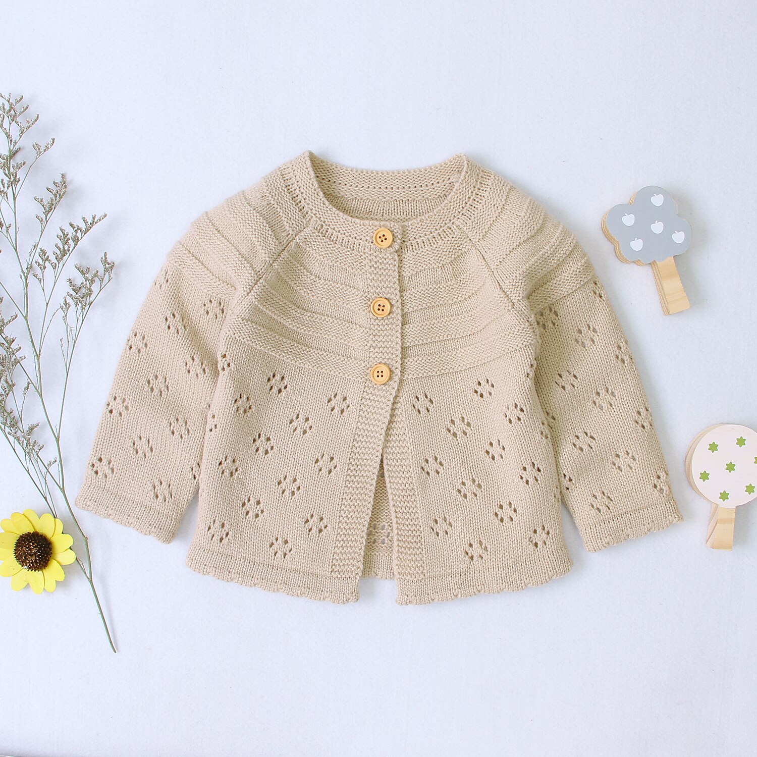 automne hiver enfants garçons filles Cardigan chandails solide coton évider points fleur tricoté pull extérieur veste manteaux: Beige / 18M