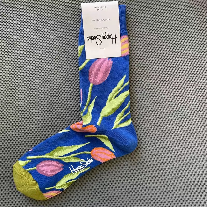 Happy Socks Men's Diamond Check Socks Four Seasons Pure Cotton Geometric Pattern Sports Socks Size 41-46