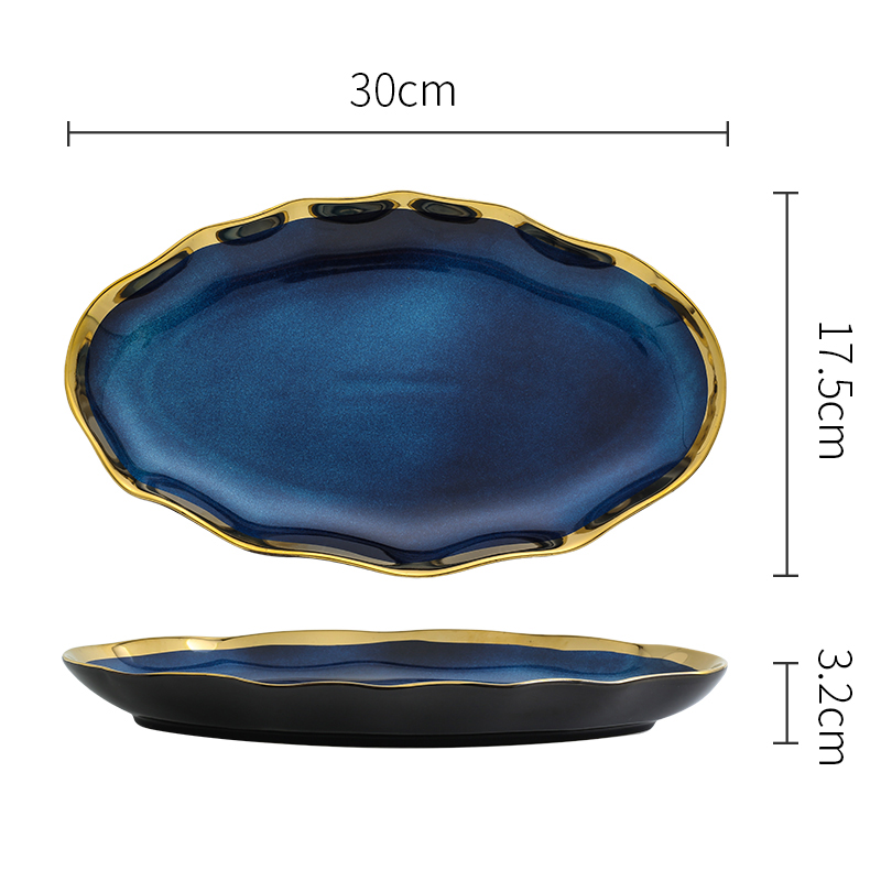Nordic Blue Glaze Ceramic Dinner Plates and Bowls Irregular Phnom Penh Steak Plate Dessert Snack Dishes Home Tableware: I-30x17.5x3.2cm