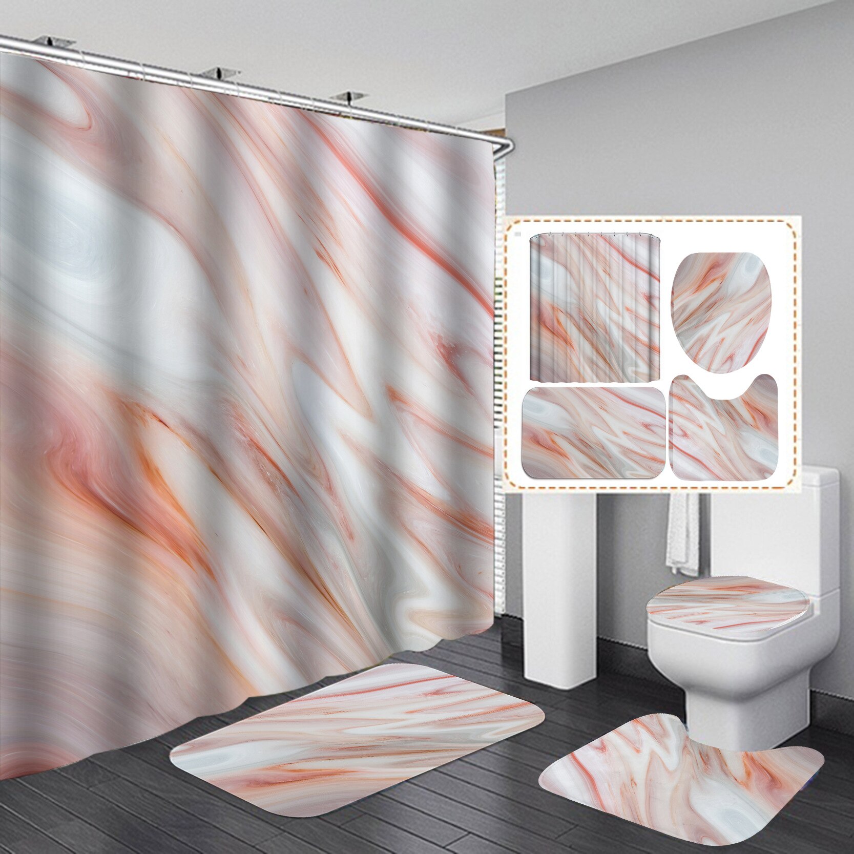 Tenda da doccia in marmo con trama a inchiostro Set da bagno morbido in 4 pezzi lussuoso tessuto in poliestere con stampa grafica con gancio: 5
