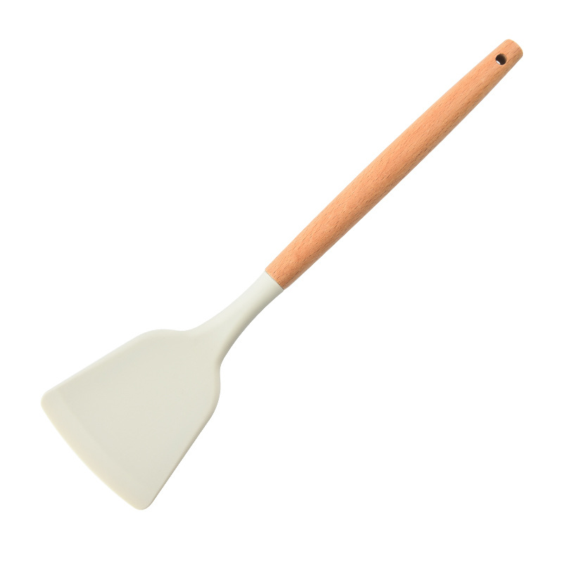 Silicone Kitchen Tools Wooden Handle Kitchenware Set Non stick Pot Wooden Handle Silicone Scoop Kitchen Utensils Set: Light Grey
