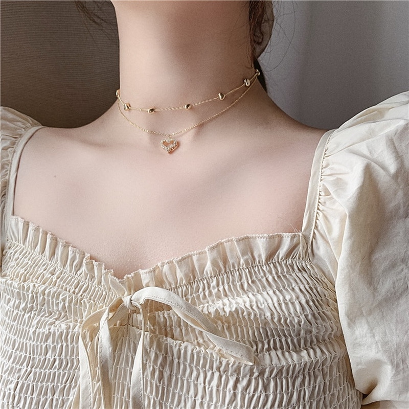 Dobbeltlags kæde hjerte choker halskæde til kvinder guld kæde koreansk stil krave kvinde chocker smykker