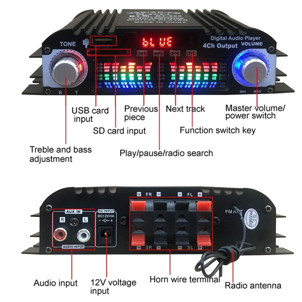 1600 W Spitzenleistung Digitaler 4-Kanal-Audioverstärker FM-Radio USB Bluetooth-kompatibel Mini HIFI Digitaler Stereoverstärker Fernbedienung