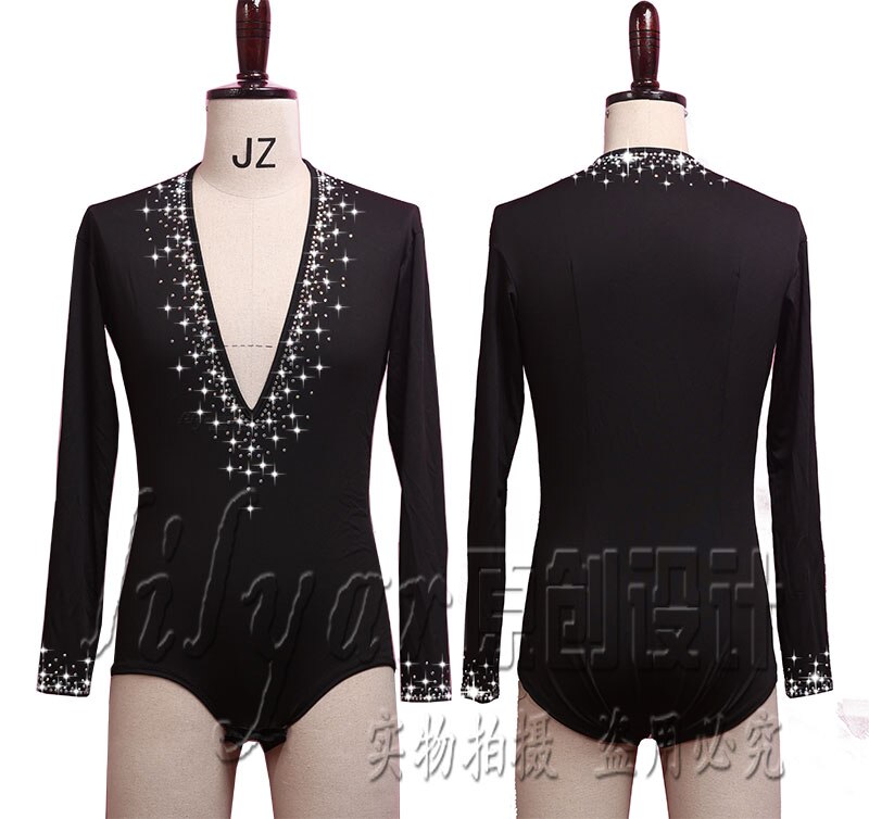 Brillantes Diamante de imitación Top de baile latino para hombre, camiseta negra de manga larga con cuello de pico profundo para baile, ropa para hombre de salón de baile latino