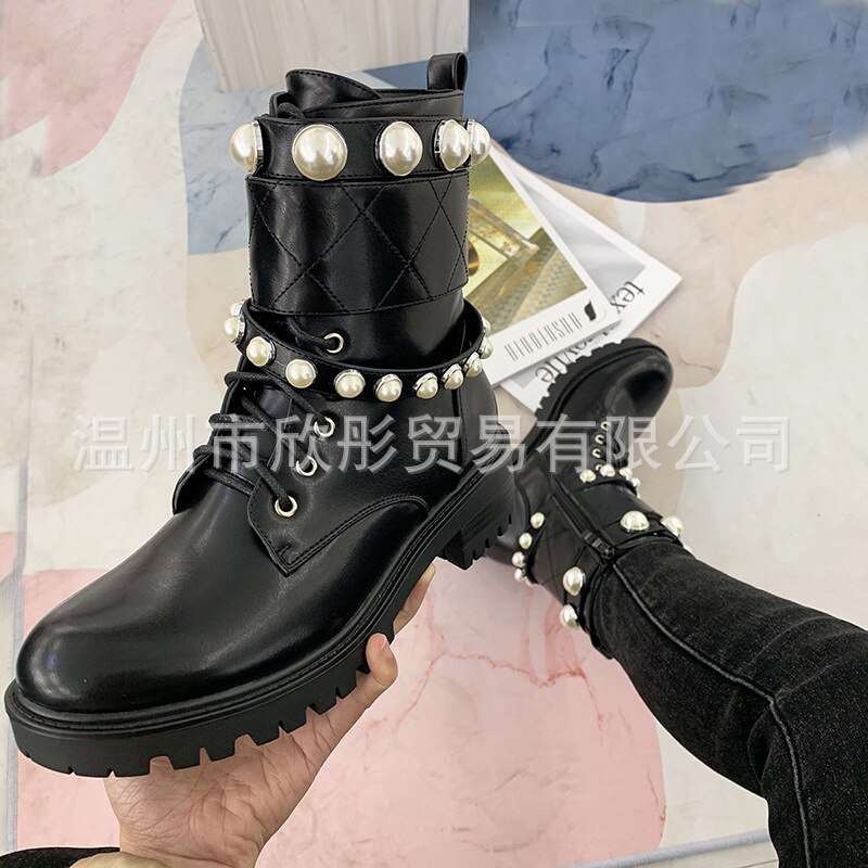 PRETO BRANCO grande taille grande perle bottes chevalier orteil ceinture boucle bottes courtes chaussures pour femmes botte GYY-NC1065