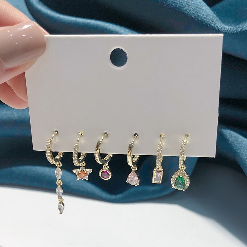 Anenjery Zilveren Kleur Koper Gekleurde Zirkoon Water Ster Kwastje Oorbellen Voor Vrouwen Shiny 6 Stuk Oorbel Set Sieraden