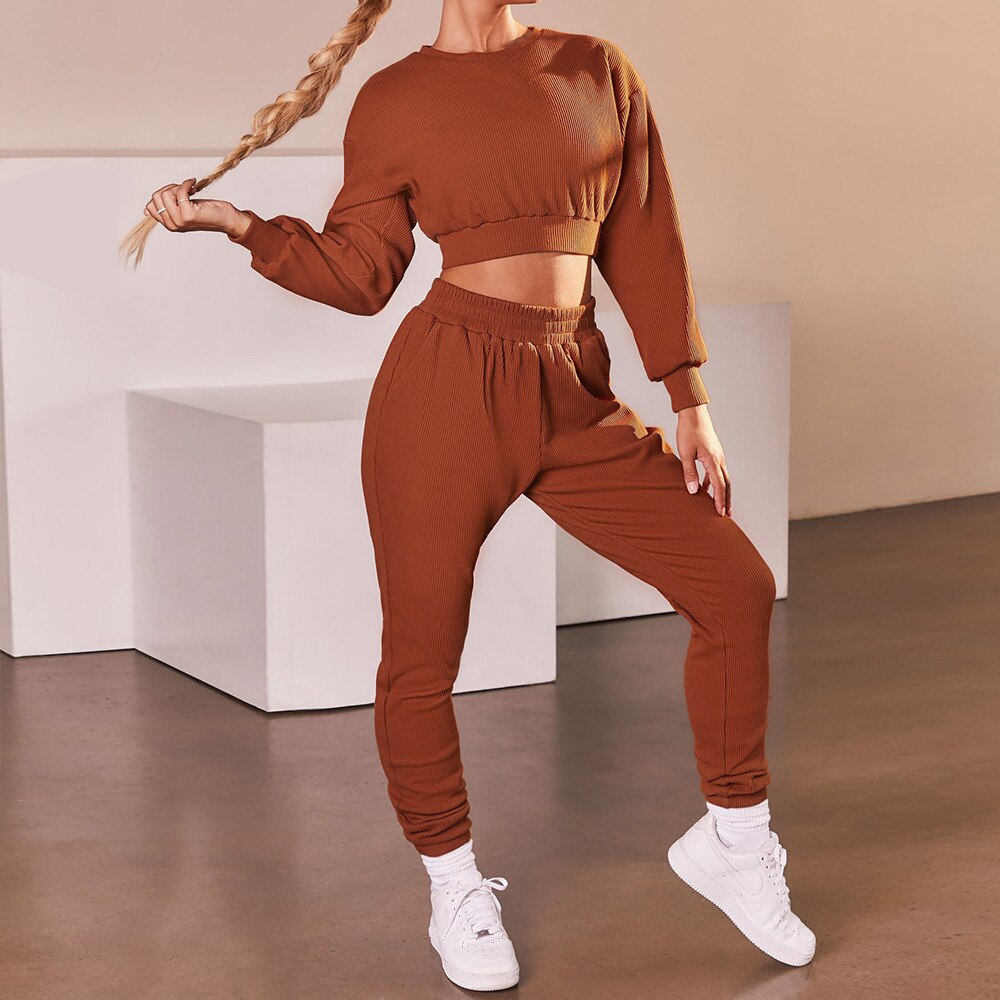 Long Sleeve Short Top Sports Leggings Running Women Leggings Sport Women Fitness Set: Brown / S