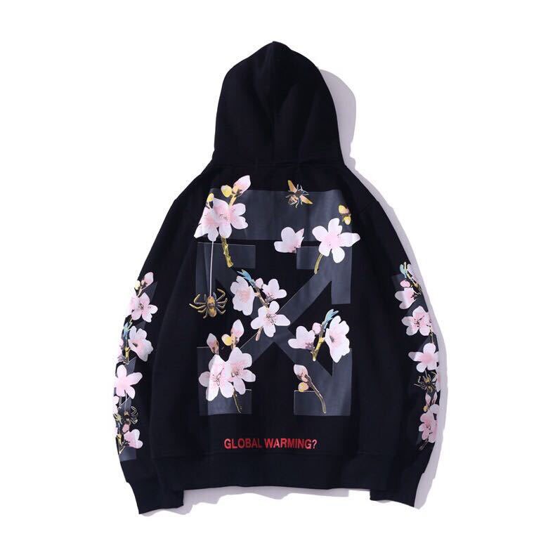 Hip Hop High Street Hoodie Men Sweatshirt Peach Flowers Print Hooded Fleece Harajuku White Pullover Couple Oversized Hoodie: Black / XXL