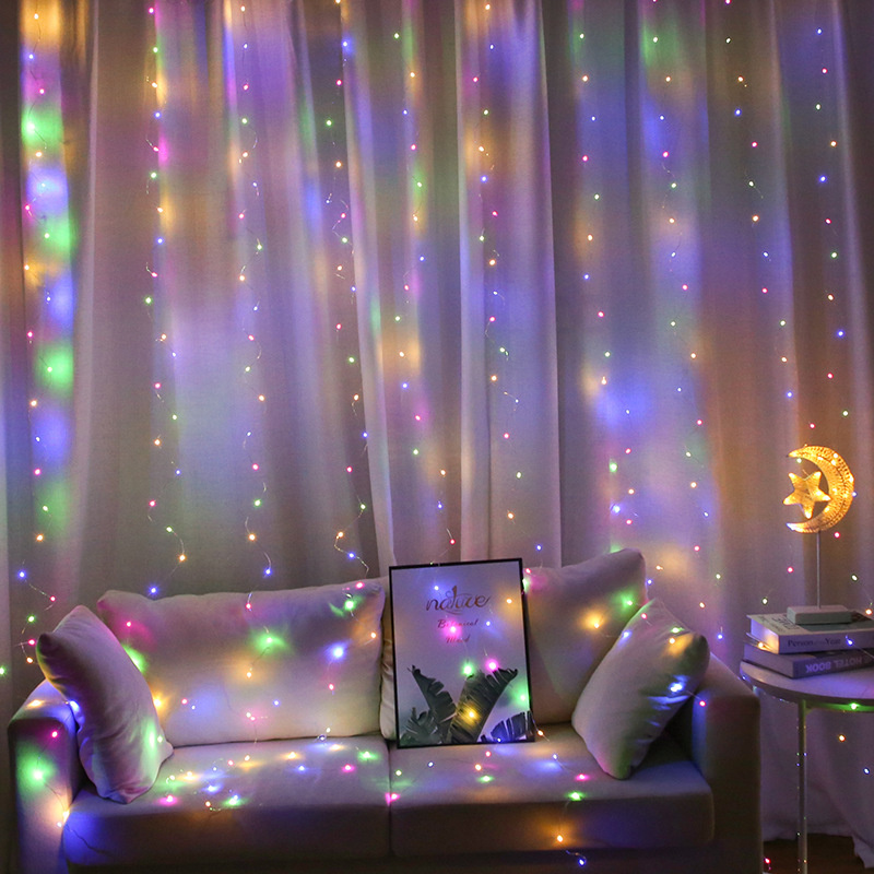 Guirnalda de cortina de 6x3M/3x3m en la ventana, guirnaldas de luces alimentadas por USB con control remoto, guirnalda de luces Led de Año , decoración navideña: Azul / 300 W