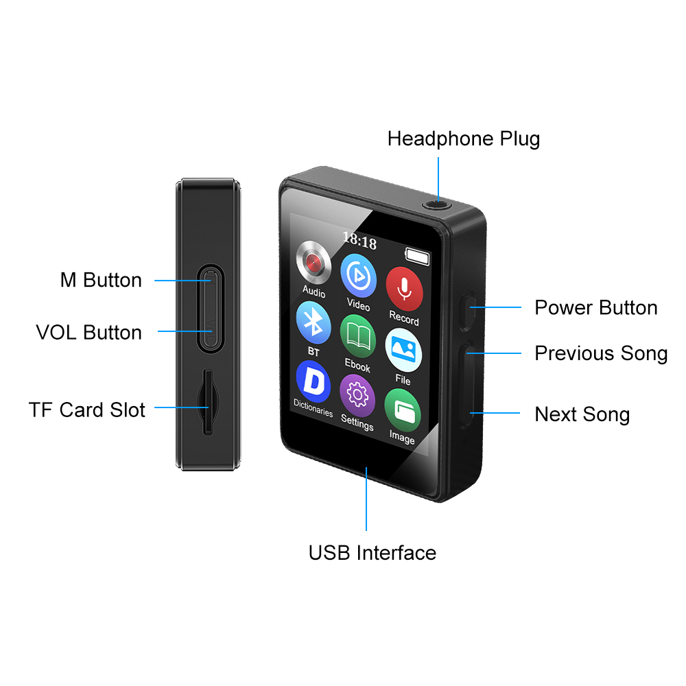 Bluetooth 5.0 Mini-MP3-Player 1,77 Zoll Studentensport Walkman Unterstützt Aufnahme Wecker Zeitanzeige usw.