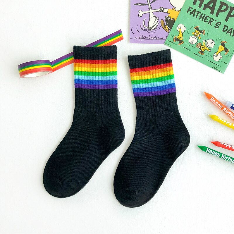 Kids Knee High Rainbow Socks Spring Summer Toddler Child Girls Boys Cotton White School Socks Stripe Long Sock Baby Accessories: 5 / M(3-5 years old)