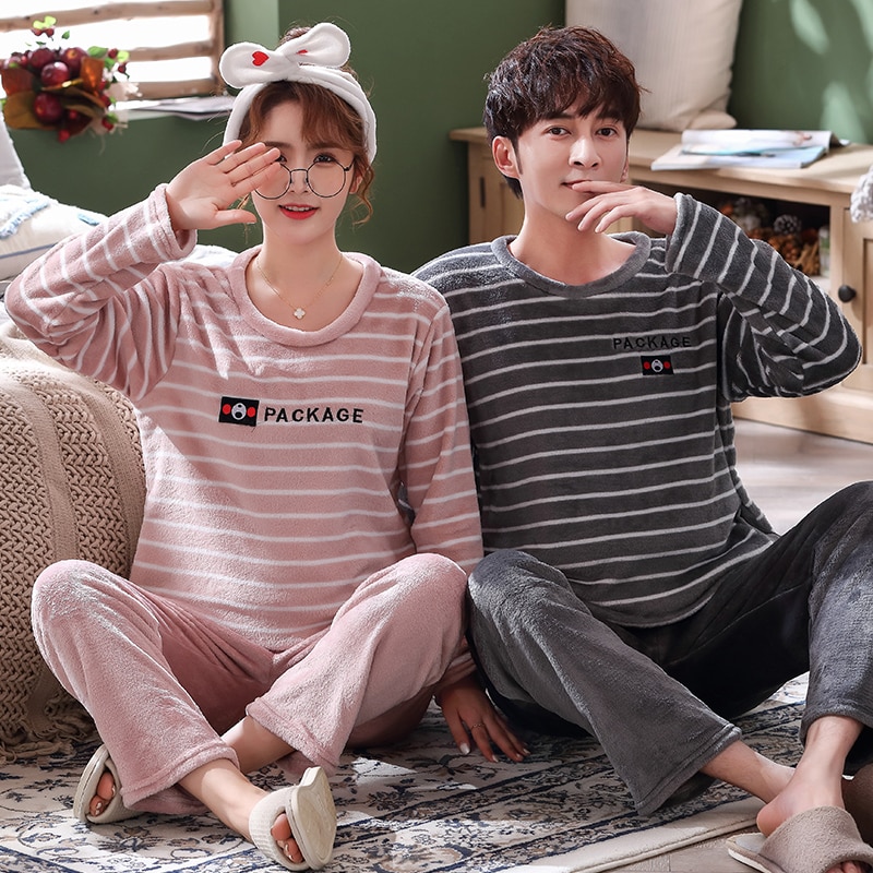 Winterpaar lange mouwen casual gestreepte dikke warme flanellen pyjamasets voor dames koraal fluwelen nachtkleding pyjama heren homewear kleding