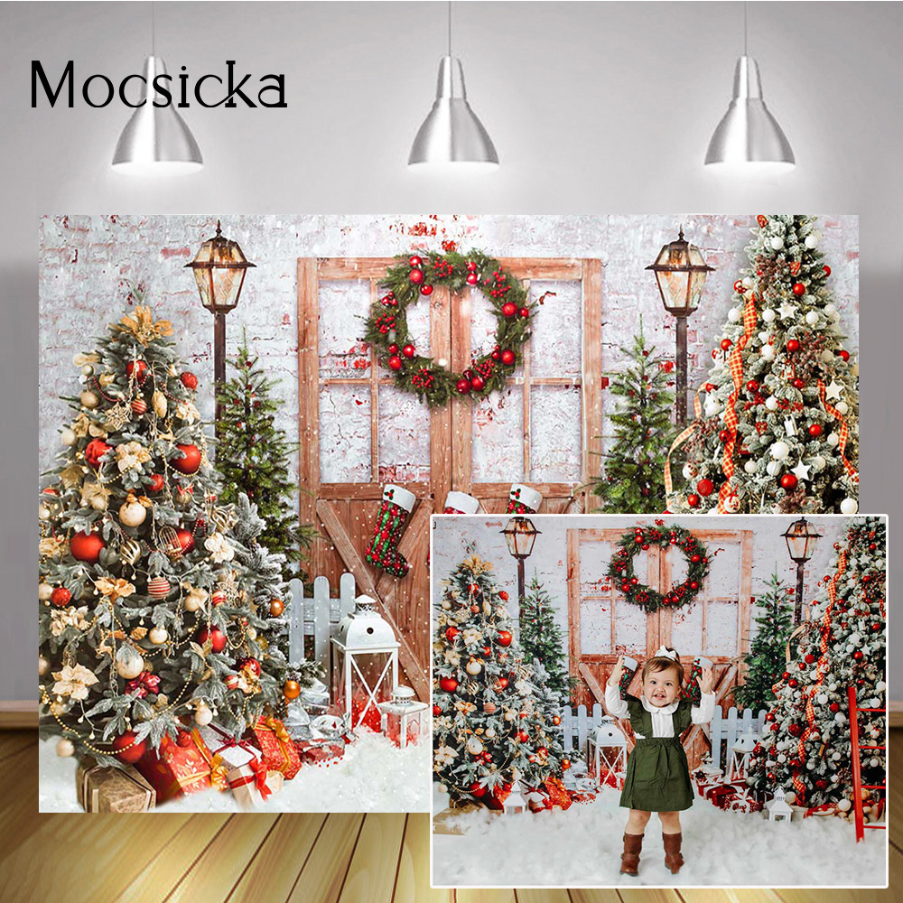 Christmas Background for Photography Snow Toys Rustic Door Winter Family Party Backdrops Decor Portrait Photo Studio Props