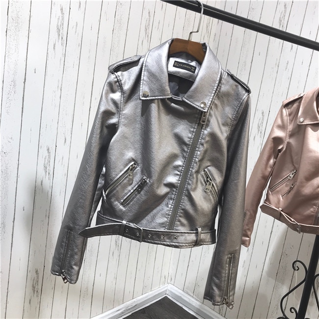 Silver Leather Jacket Women Metallic Motorcycle Short Jackets Lapel Zipper Biker Coat Soft Ladies Punk Streetwear: Silver / S