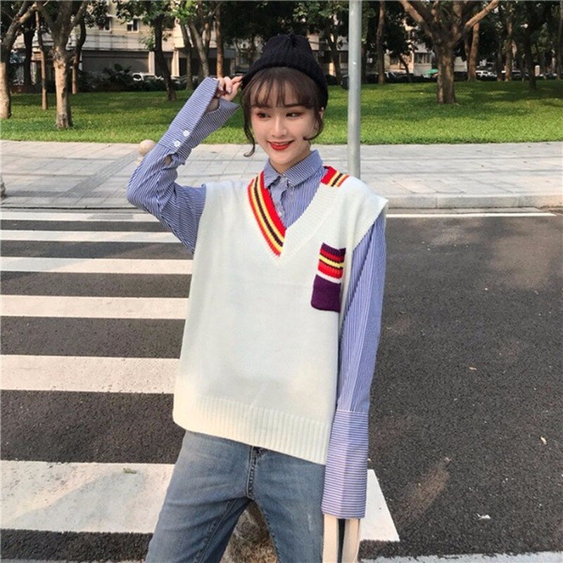 Tröja väst dam regnbågsficka stickad ärmlös dam all-match pullover elasticitet lös enkel höst ulzzang