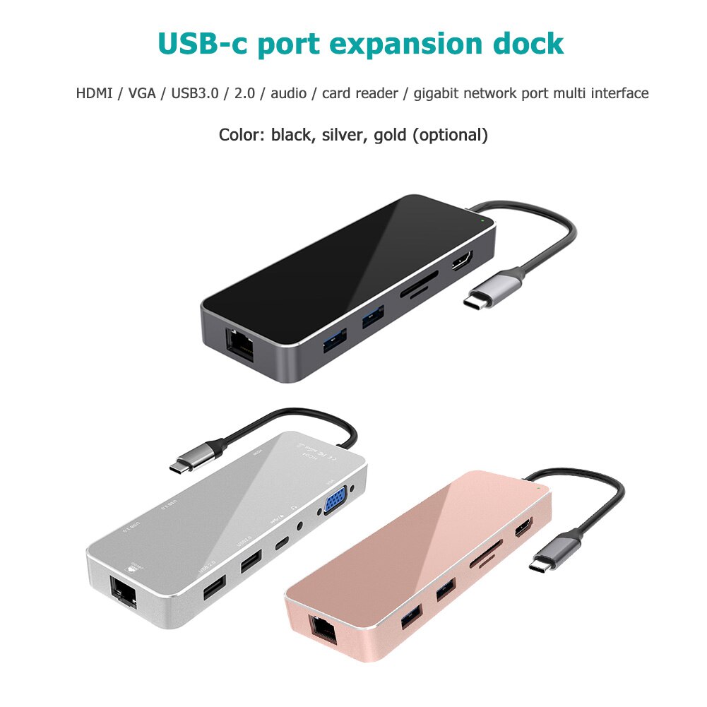 11 i 1 bærbare dokkingstasjoner hub usb type-c til usb 3.0/2.0 tf hdmi vga  rj45 mini pd dokkingstasjon bærbar tilbehør
