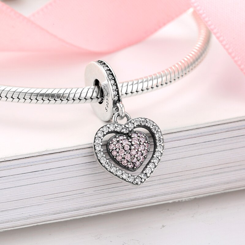 925 sterlina d'argento fascino Rosa di zircon del cuore dei branelli dei pendenti delle donne accessori di moda d'avanguardia in forma Originale bene Braccialetto di Fascino Dei Monili