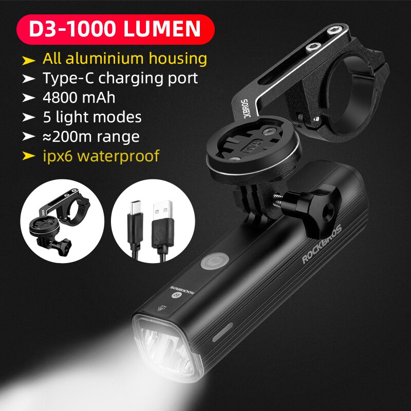 Rockbros cykellygte til gopro holder igs lysholder 1000 lumen cykellygte 4800 mah cykel forlygte flash cykellygter: D3-1000 h