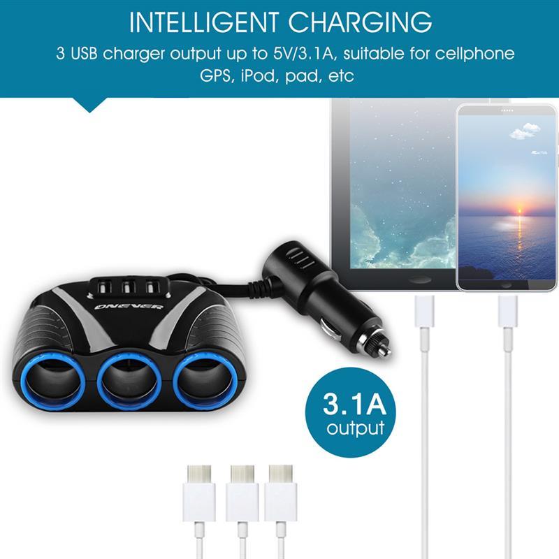 Onever 3 Port USB 3 voies | Allume-cigare de voiture 3 voies, Hub de prise de courant 3,1a bleu, Led 12V-24V pour Smartphone iPad