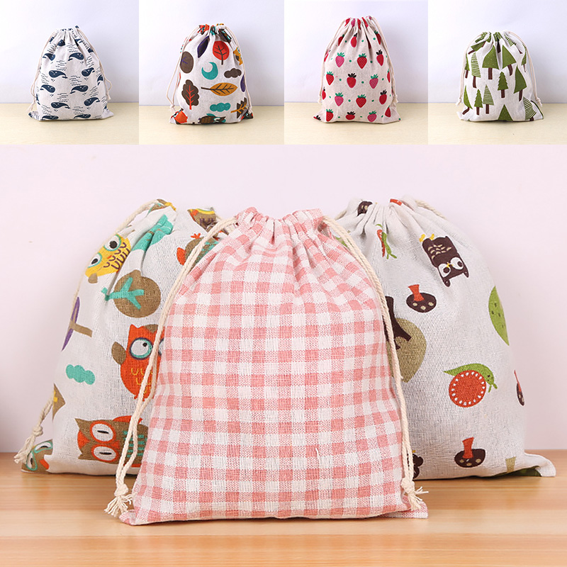 Bolsa de tela de lino y algodón, bolsa con cordón, estampado de plantas y animales bonitos, bolsa de almacenamiento de zapatos de tela de viaje para niños, estuche de maquillaje, bolsa de de Navidad