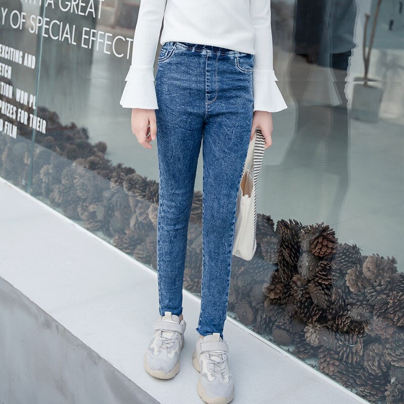 Girls Jeans Children's Elastic Simple Pants Spring Autumn Kids Slim Denim Trousers 4-13Y Teenager Skinny Jeans: Blue / 4