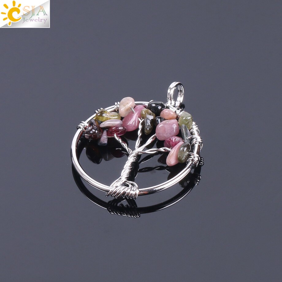 CSJA Tree of Life Necklace &amp; Pendant Silver Color Crystal Natural Gem Stone Chip Beads 7 Chakra Wire Wrapped Women Jewelry F141: Tourmaline