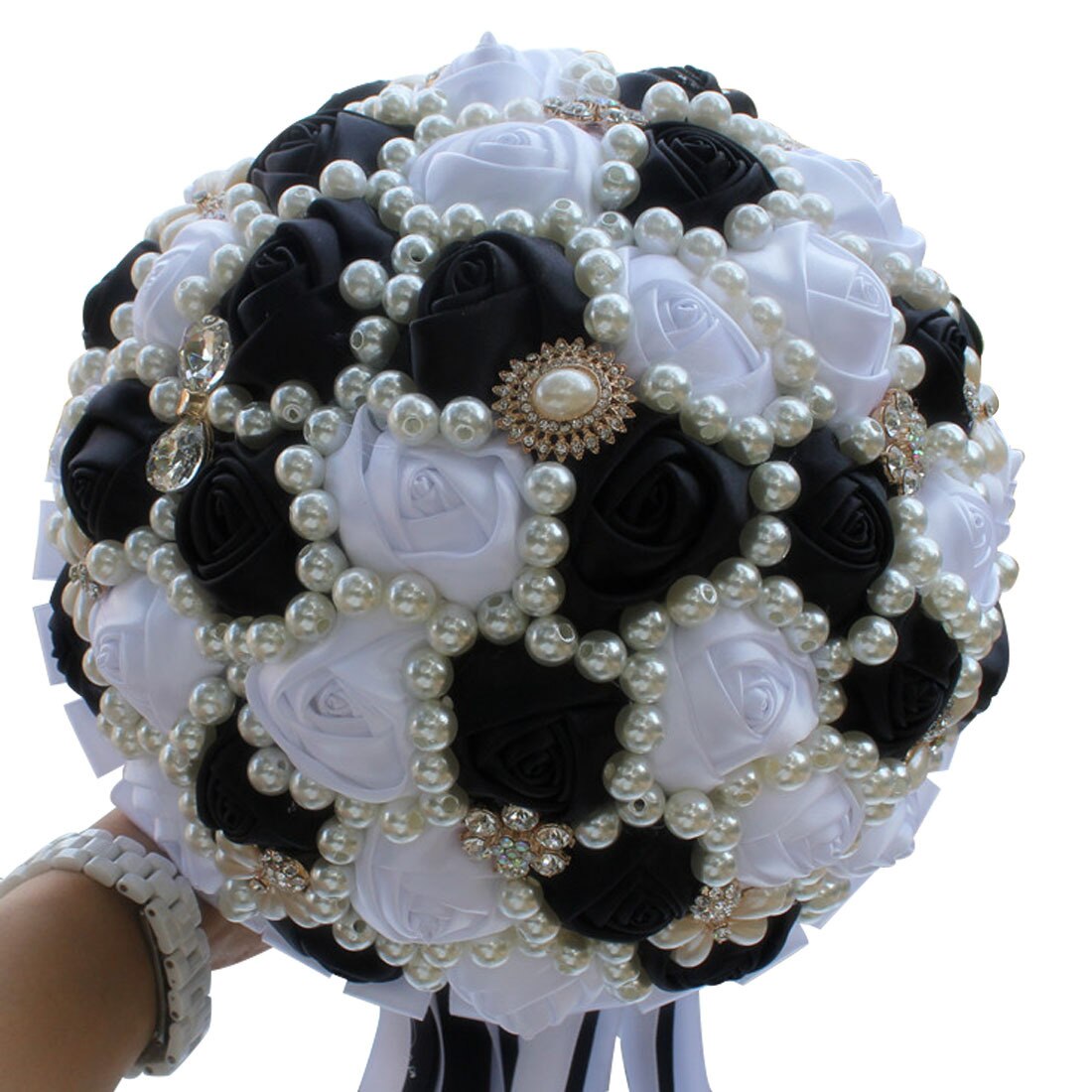 In Stock Stunning Wedding Flowers White Bridesmaid Bridal Bouquets Artificial Rose Wedding Bouquet Ramos De Novia Artificiales: Black plus white