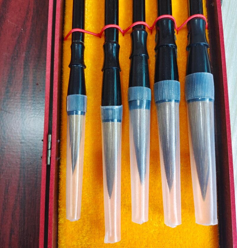 Ensemble de stylos pinceaux de calligraphie chinoise, 5 pièces, brosses à encre, poils de belette traditionnels, fournitures de peinture, boîte de ,