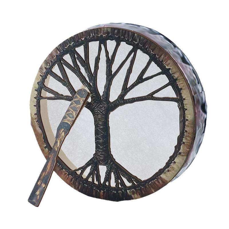 Tambor xamã, árvore da vida design de decoração, tambor xamânico artesanal, símbolo da música espírito tambor siberiano, couro + madeira: Default Title
