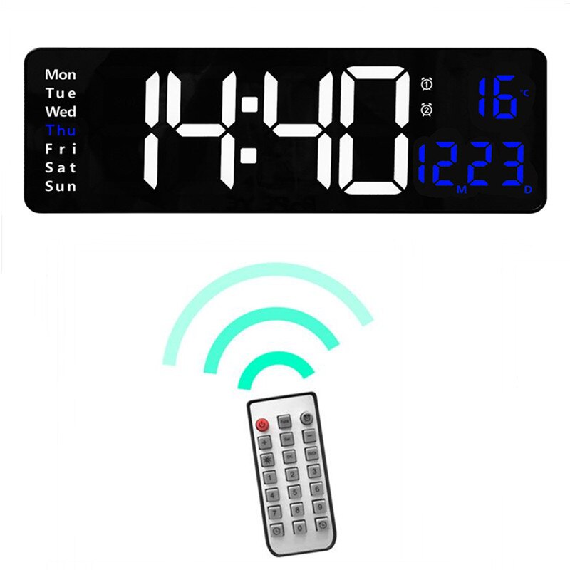 Large Digital Wall Clock Temp Date with Remote Control Power Off Memory Desktop Table Clock Wall-mounted Dual Alarms LED Clocks: BLUE TEMP DATE