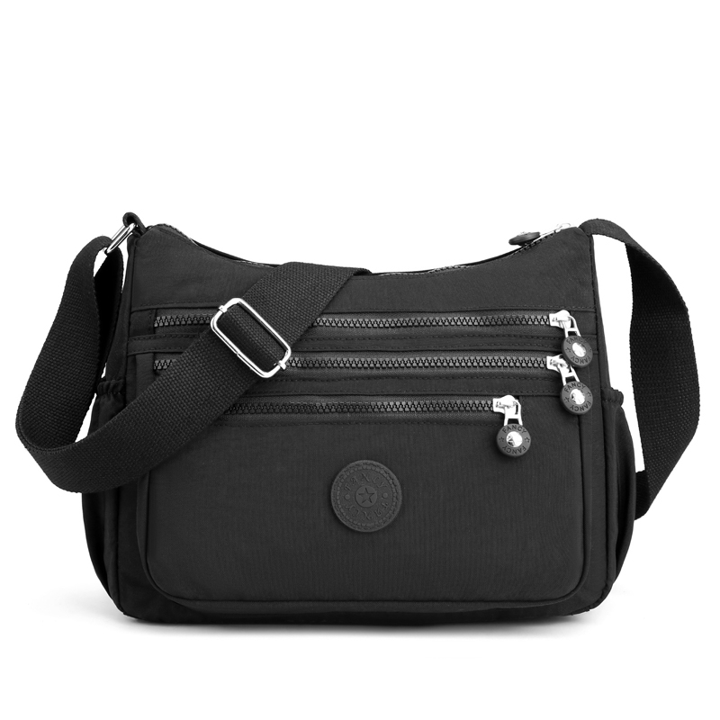 Bolso de hombro para mujer, bandolera de nailon resistente al agua con múltiples bolsillos para ocio: Negro