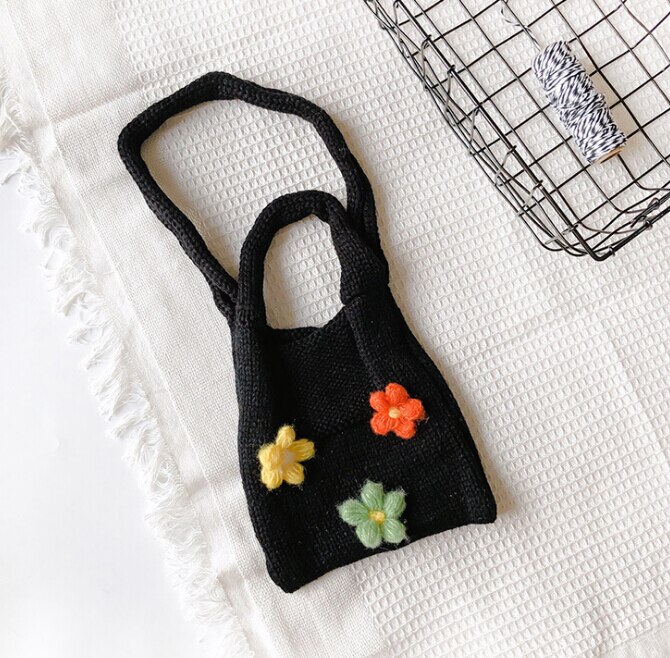 Sød blomst strik pige diagonal taske blomst strik tasker klud skuldertaske børn piger taske strik crossbody taske blomst vævet håndtaske: Sort