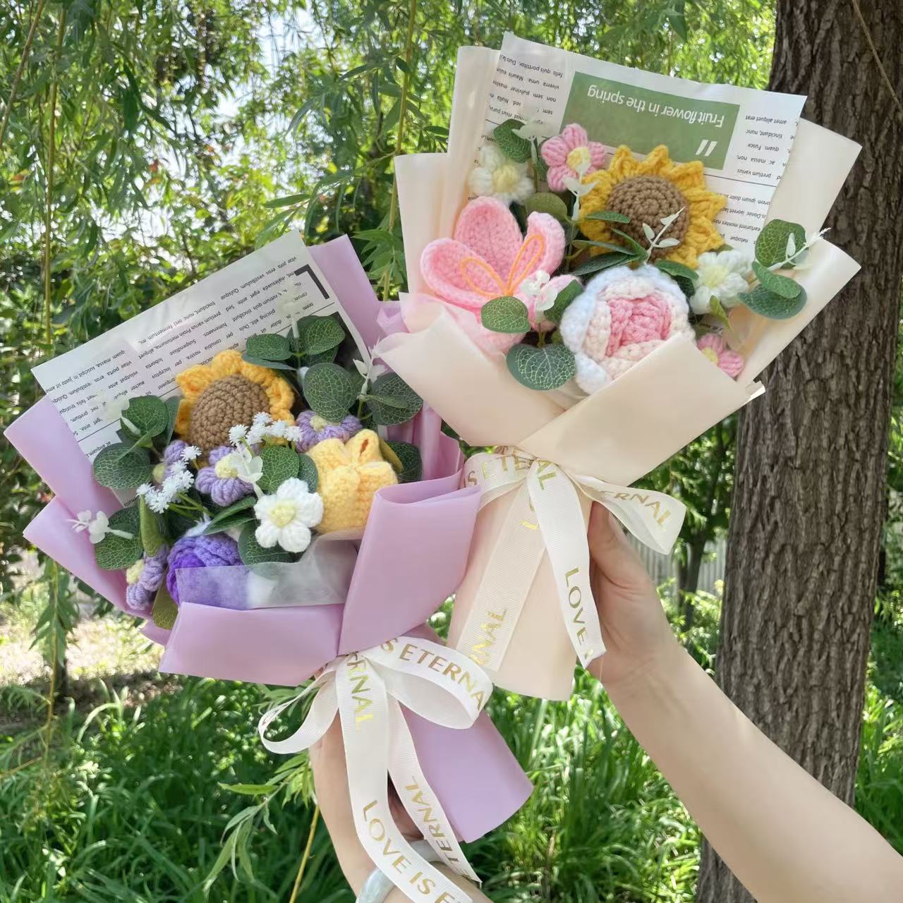 Ramo de ganchillo terminado, cuerda, flores artificiales, plantas rellenas, boda, San Valentín, Día de la madre, cumpleaños, de graduación