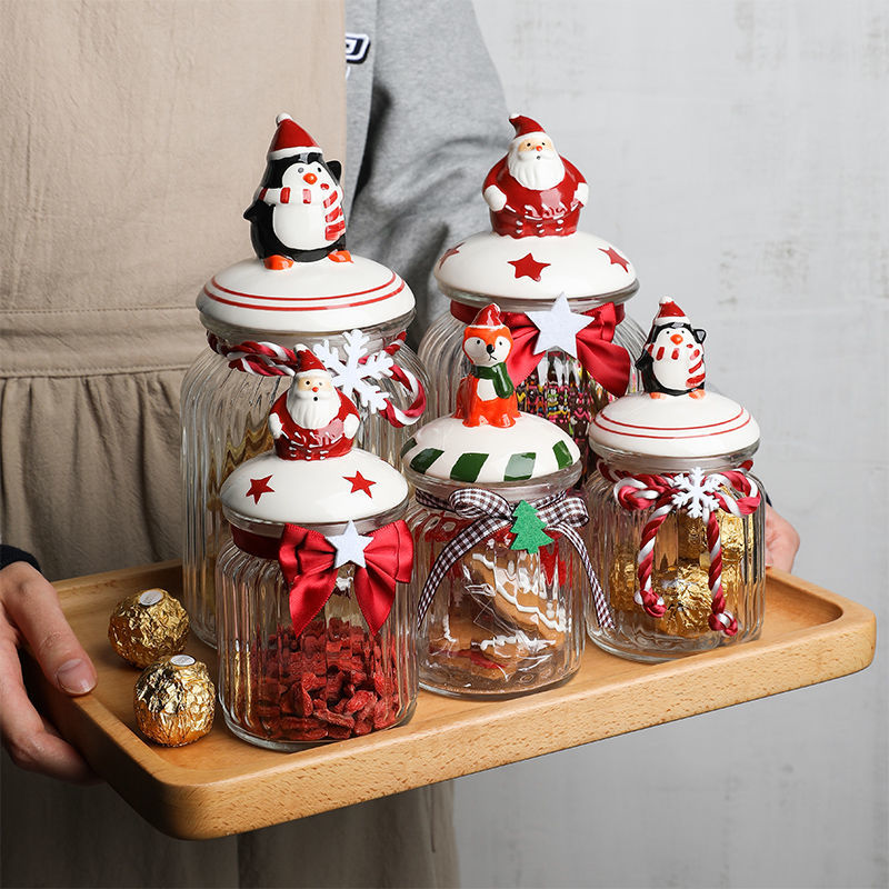 Christmas Glass Storage Jars with Cute Ceramic Lid Airtight Candy Nuts Storage Container Sealed Canisters Pantry Food Organizer