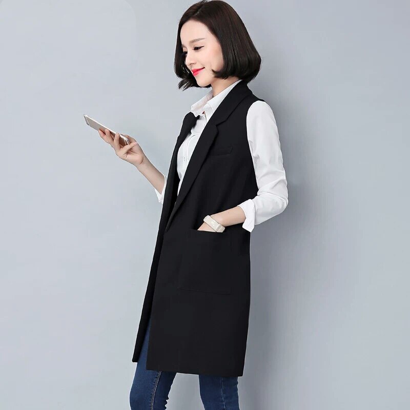 Novedad , chaleco para mujer, chaqueta de otoño, chaleco de , bolsillos, puntada abierta, sin mangas, cuello vuelto, chaleco largo Formal A187