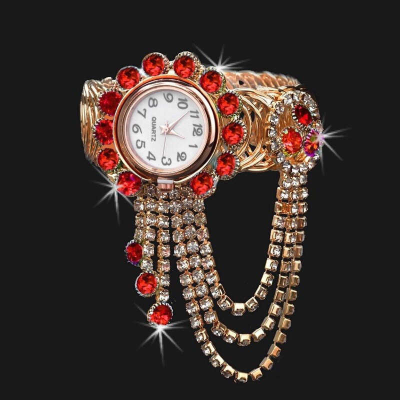Luxe Vrouwen Strass Kwastje Ronde Dial Analoge Quartz Open Armband Horloge Hollow Volledige Diamanten Armband Horloge Quartz Horloge