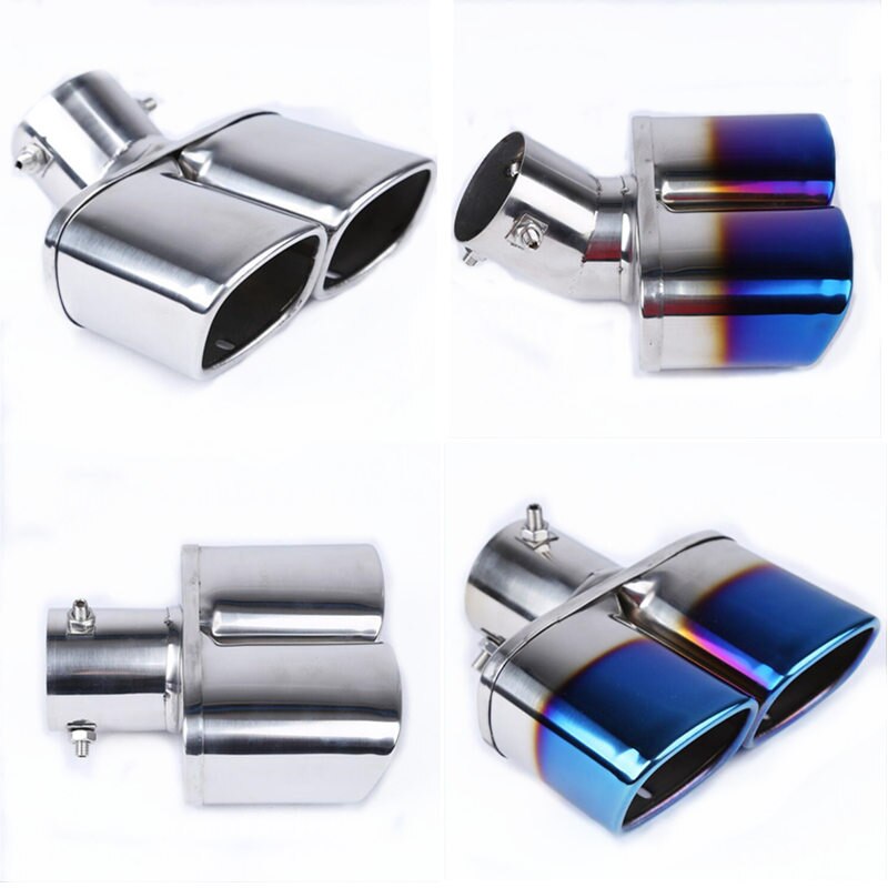 Rustfritt stål eksos 1 to 2 dobbel rør krom trim modifisert bil bak hale hals foring bøy / rett firkantet eksos lyddemper