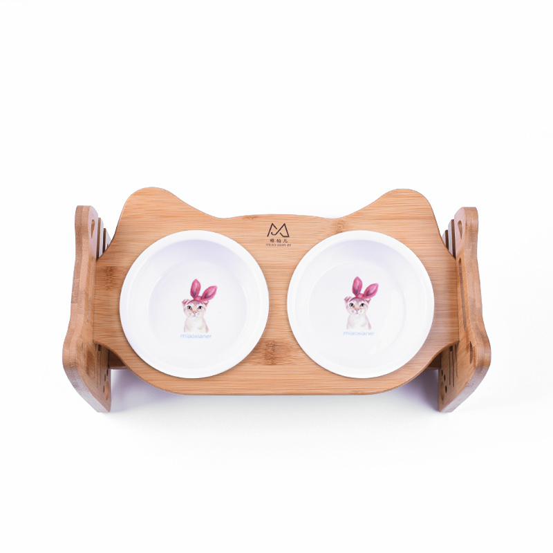 Wooden Pet dining table Double Bowls Cat Tilted Feeders Kitten Dishes with Slope Bamboo Rack Puppy Drink Feeding Bowl HW035: 12